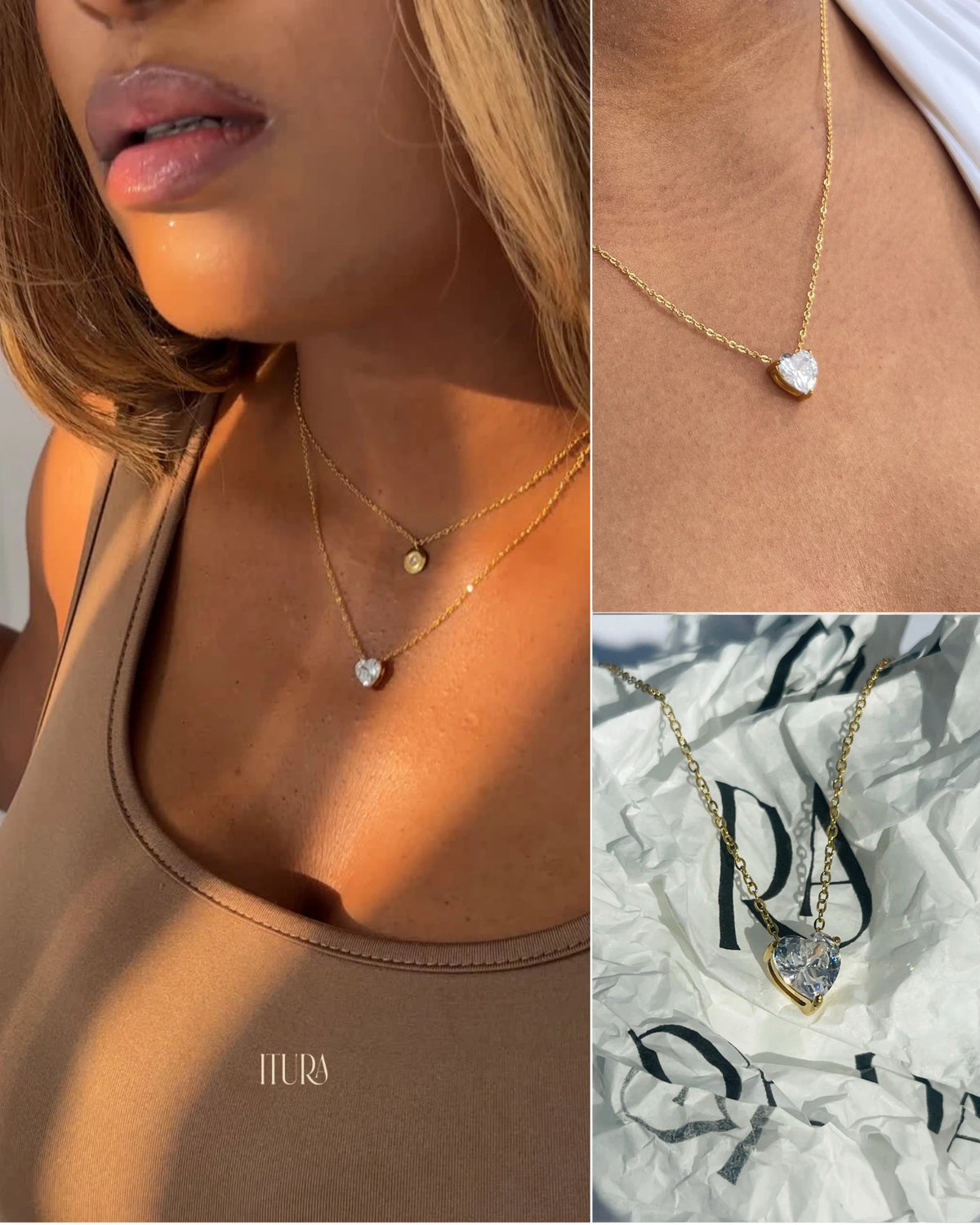 Amara Stack: the Amara Heart Necklace layered over the Dainty Birthstone Necklace, worn