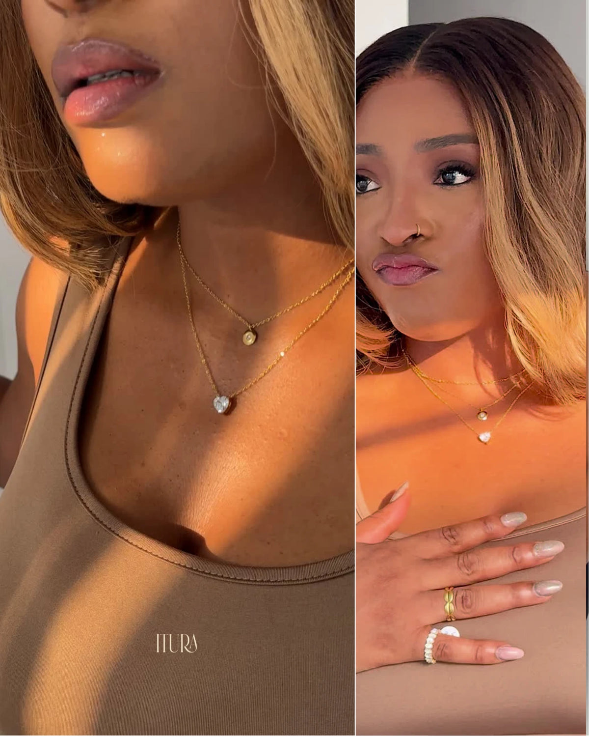 Amara Stack worn on Kanma, heart and birthstone pendants layered